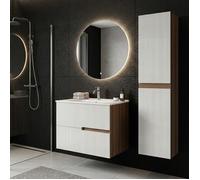 Ensemble meuble simple vasque L.60cm + 1 colonne à suspendre Chêne Moka 2 tiroirs Blanc brillant cannelé EVA