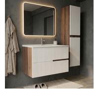 Ensemble meuble simple vasque L.80cm + 1 colonne à suspendre Chêne Moka 2 tiroirs Blanc brillant cannelé EVA