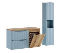 Ensemble meuble suspendu sous vasque 100 cm avec plan chêne et colonne 30 x 140 cm NOVA DENIM