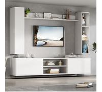 Ensemble meuble TV 180x35x33.5 cm avec 2 armoires murales et étagère murale panneau de particules blanc murale ou à poser