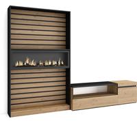 Ensemble Meuble TV, 260x35x186cm, Pour les TV jusqu'à 65", Cheminée électrique, Chêne et noir