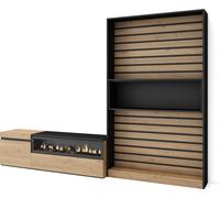Ensemble Meuble TV, 260x35x186cm, Pour les TV jusqu'à 65", Cheminée électrique, Chêne et noir