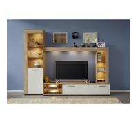 Ensemble meuble TV LOGO - 1 Porte - LED - Mélamine chene clair et blanc mat - L240 x P41 x H185 cm - TRENDTEAM