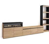 Ensemble Meuble TV, 310x35x186cm, Pour les TV jusqu'à 65", Cheminée électrique, Chêne et noir
