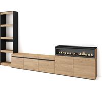 Ensemble Meuble TV, 310x35x186cm, Pour les TV jusqu'à 65", Cheminée électrique, Chêne et noir