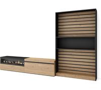Ensemble Meuble TV, 310x35x186cm, Pour les TV jusqu'à 80", Cheminée électrique, Chêne et noir