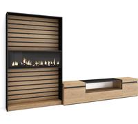 Ensemble Meuble TV, 310x35x186cm, Pour les TV jusqu'à 80", Cheminée électrique, Chêne et noir