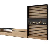 Ensemble Meuble TV, 310x35x186cm, Pour les TV jusqu'à 80", Cheminée électrique, Chêne et noir