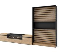 Ensemble Meuble TV, 310x35x186cm, Pour les TV jusqu'à 80", Cheminée électrique, Chêne et noir