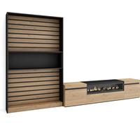 Ensemble Meuble TV, 310x35x186cm, Pour les TV jusqu'à 80", Cheminée électrique, Chêne et noir