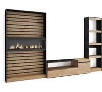 Ensemble Meuble TV, 320x35x186cm, Cheminée électrique, Chêne et noir