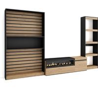 Ensemble Meuble TV, 320x35x186cm, Cheminée électrique, Chêne et noir