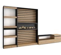 Ensemble Meuble TV, 320x35x186cm, Cheminée électrique, Chêne et noir