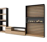 Ensemble Meuble TV, 320x35x186cm, Cheminée électrique, Chêne et noir