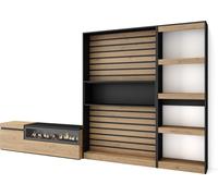 Ensemble Meuble TV, 320x35x186cm, Cheminée électrique, Chêne et noir