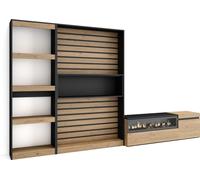 Ensemble Meuble TV, 320x35x186cm, Cheminée électrique, Chêne et noir