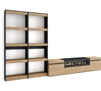 Ensemble Meuble TV, 320x35x186cm, Pour les TV jusqu'à 80", Cheminée électrique, Chêne et noir