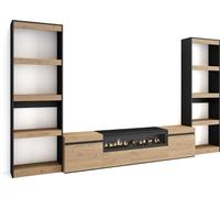 Ensemble Meuble TV, 320x35x186cm, Pour les TV jusqu'à 80", Cheminée électrique, Chêne et noir
