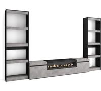 Ensemble Meuble TV, 320x35x186cm, Pour les TV jusqu'à 80", Cheminée électrique, Ciment