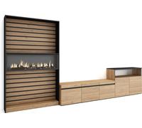 Ensemble Meuble TV, 360x35x186cm, Pour les TV jusqu'à 65", Cheminée électrique, Chêne et noir