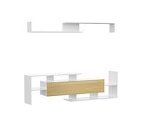 HOMCOM Ensemble Meuble TV avec Banc et étagère Murale Style Contemporain 153,6L cm - Blanc et Bois Naturel