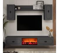 Ensemble Meuble Tv Avec Étagères Murales Et Cheminée Led 150cm Gris Anthracite Vibra Gris