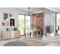 Ensemble Meuble TV Buffet 179cm & Table fixe 160cm - Pilvi - Chene Sonoma / Blanc mat - 5 portes - 3 tiroirs