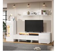 Ensemble meuble TV, comprenant un meuble TV pour le salon, 1 vitrine, 1 étagère de rangement, avec éclairage LED - Blanc