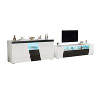 Ensemble Meuble TV et Buffet Haute Brillance avec LED, Rangement Salon Moderne, Blanc et Noir, 180 cm + 140 cm