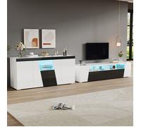 Ensemble meuble TV et buffet - MODERNLUXE - Finition brillante - Éclairage LED - MDF+panneaux de particules - Blanc+Noir