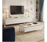 Ensemble Meuble TV et Table Basse - Blanc Brillant - Rangement Intelligent - Bordure Dorée - Style Moderne - Panneaux de Particules