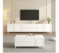 Ensemble meuble TV et table basse blancs avec rangement fermé 6 portes 4 tiroirs MDF et PB pieds métal VEVXYN