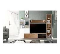 Ensemble Meuble TV LYRA : Vitrine + meuble TV + étagère - Mélaminé blanc et chêne - 3 Portes - L240 x P41 x H180 cm