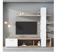 Ensemble Meuble TV Mural 180x33 5x151 5 cm avec Meuble Bas 3 Étagères Murales Rangements et Porte - Blanc Effet Bois