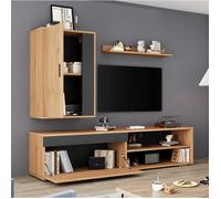 Ensemble meuble TV mural 3 pièces 140 x 35 x 39 cm chêne et noir, panneau de particules, soft close