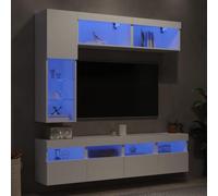 Ensemble Meuble TV Mural 7 pièces Blanc avec lumières LED RVB, Bois d'ingénierie Robuste, Rangement spacieux, Design Moderne pour Salon et Chambre