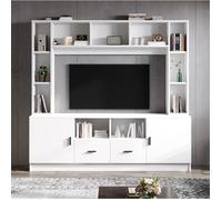 Ensemble meuble TV mural blanc avec vitrines, tiroirs et niches de rangement
