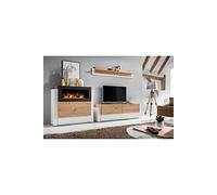 Ensemble meuble TV mural et buffet cheminée Queens - L 290 x P 45 x H 150 cm - Blanc et beige