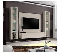 Ensemble meuble TV mural Fly A-P2 avec vitrine et éclairage LED - Bois MDF cachemire - 240 x 170 x 40 cm