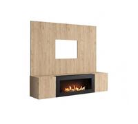 Ensemble meuble TV mural Fly B-K avec cheminée bioéthanol - Bois MDF chêne Hickory Jackson - 160 x 158 x 40 cm