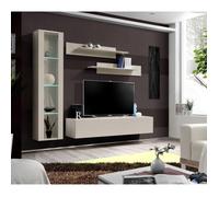 Ensemble meuble TV mural Fly G2 avec vitrine et éclairage LED - Bois MDF cachemire - 200 x 170 x 40 cm