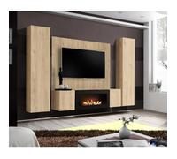 Ensemble meuble TV mural Fly M-P1 avec cheminée bioéthanol - Bois MDF chêne Hickory Jackson - 240 x 170 x 40 cm