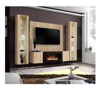 Ensemble meuble TV mural Fly M-P2 avec cheminée bioéthanol et vitrine LED - Bois MDF chêne Hickory Jackson - 240 x 170 x 40 cm