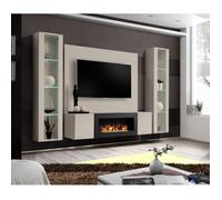 Ensemble meuble TV mural Fly M-P2 avec cheminée bioéthanol vitrine et éclairage LED - Bois MDF cachemire - 240 x 170 x 40 cm