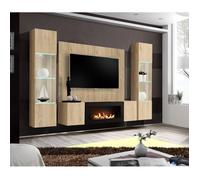 Ensemble meuble TV mural Fly M-P3 avec cheminée bioéthanol et vitrine LED - Bois MDF chêne Hickory Jackson - 240 x 170 x 40 cm
