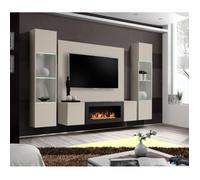 Ensemble meuble TV mural Fly M-P3 avec cheminée bioéthanol vitrine et éclairage LED - Bois MDF cachemire - 240 x 170 x 40 cm