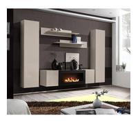 Ensemble meuble TV mural Fly M1 avec cheminée bioéthanol - Bois MDF cachemire - 260 x 170 x 40 cm