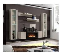 Ensemble meuble TV mural Fly M2 avec cheminée bioéthanol vitrine et éclairage LED - Bois MDF cachemire - 260 x 170 x 40 cm