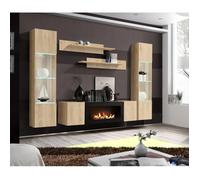 Ensemble meuble TV mural Fly M3 avec cheminée bioéthanol et vitrine LED - Bois MDF chêne Hickory Jackson - 260 x 170 x 40 cm