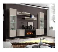 Ensemble meuble TV mural Fly M3 avec cheminée bioéthanol vitrine et éclairage LED - Bois MDF cachemire - 260 x 170 x 40 cm